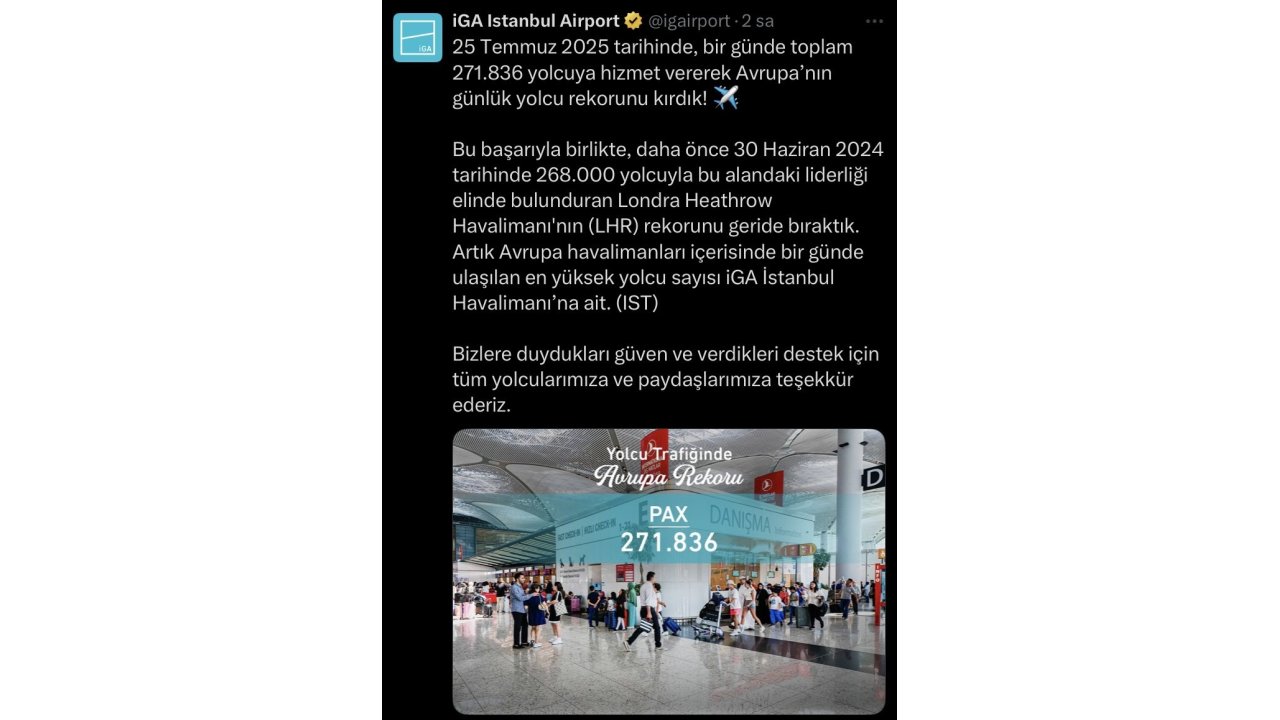 İstanbul Havalimanı 268 Bin Yolcuyla Londra Heathrow Havalimanı’nı Geride Bıraktı