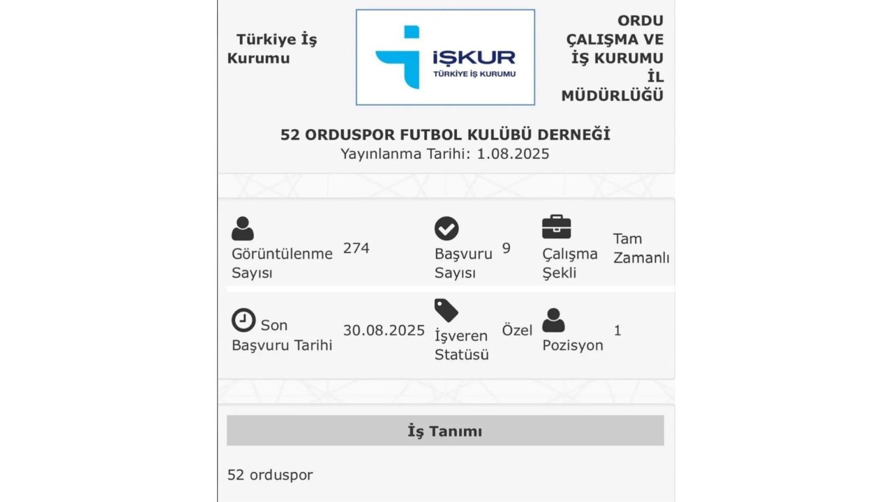 52 Orduspor, İşkur Üzerinden Futbolcu İlanı Verdi