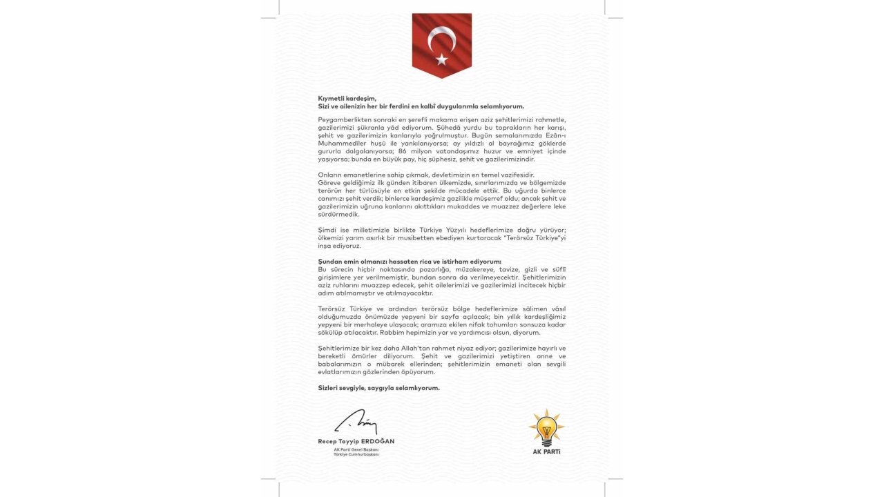 Cumhurbaşkanı Erdoğan’dan Şehit Ve Gazi Ailelerine Mektup