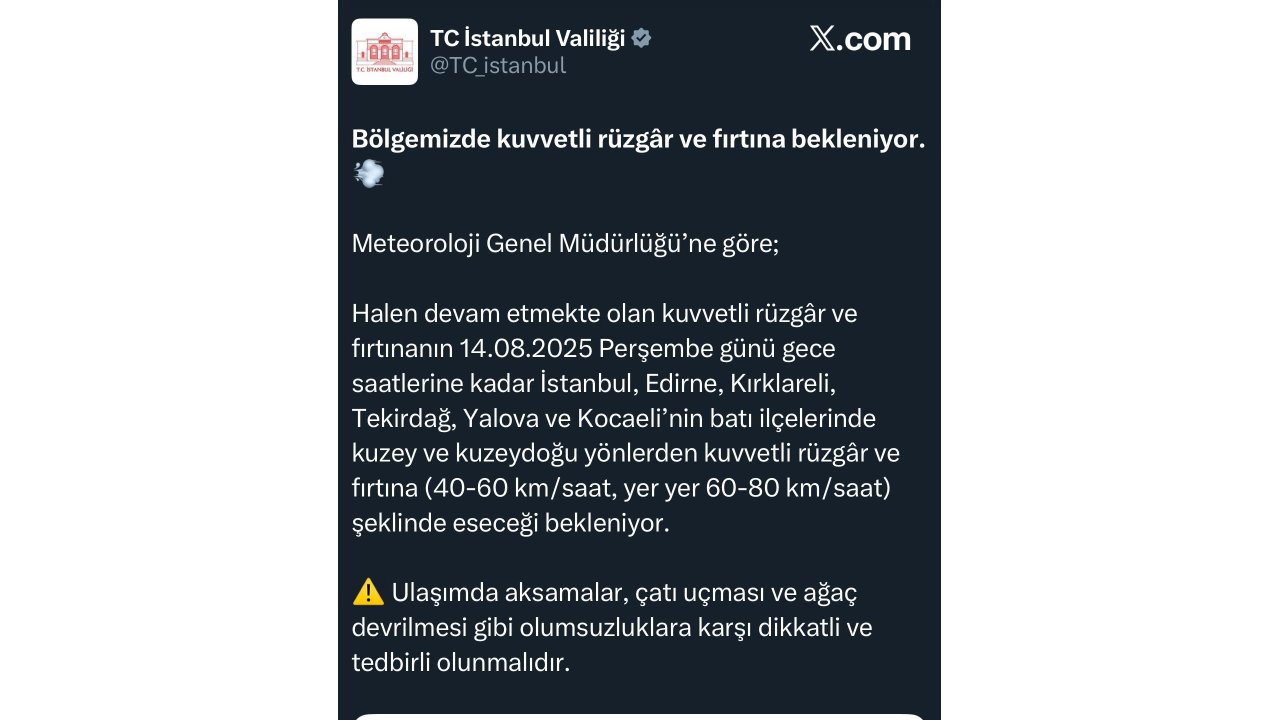 İstanbul Valiliği’nden Kuvvetli Rüzgar Ve Fırtına Uyarısı
