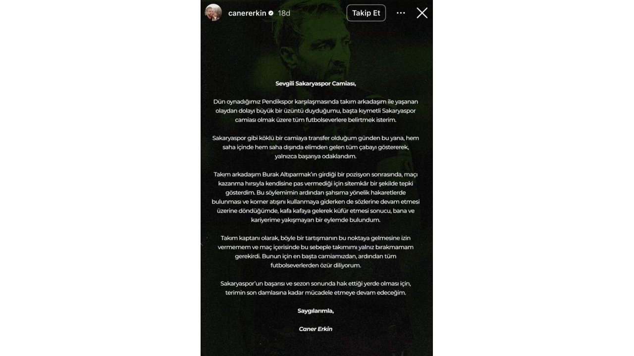 Kadro Dışı Kalan Caner Erkin’den Açıklama