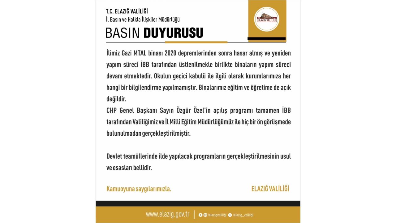 Elazığ Valiliği’nden Özgür Özel’in Açılışını Yaptığı Okulla İlgili Açıklama