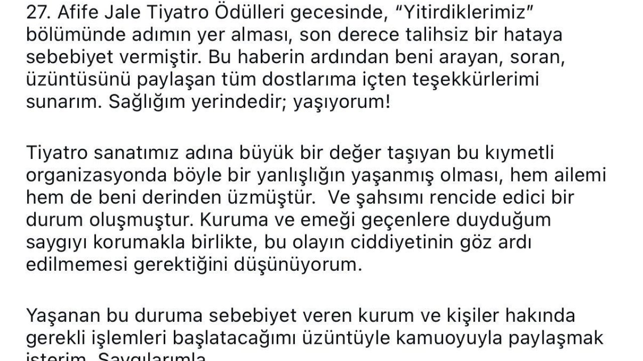 Afife Jale Tiyatro Ödülleri’nde Akılalmaz Hata: Oyuncu Alper Atak Hayatını Kaybedenler Arasında Anıldı
