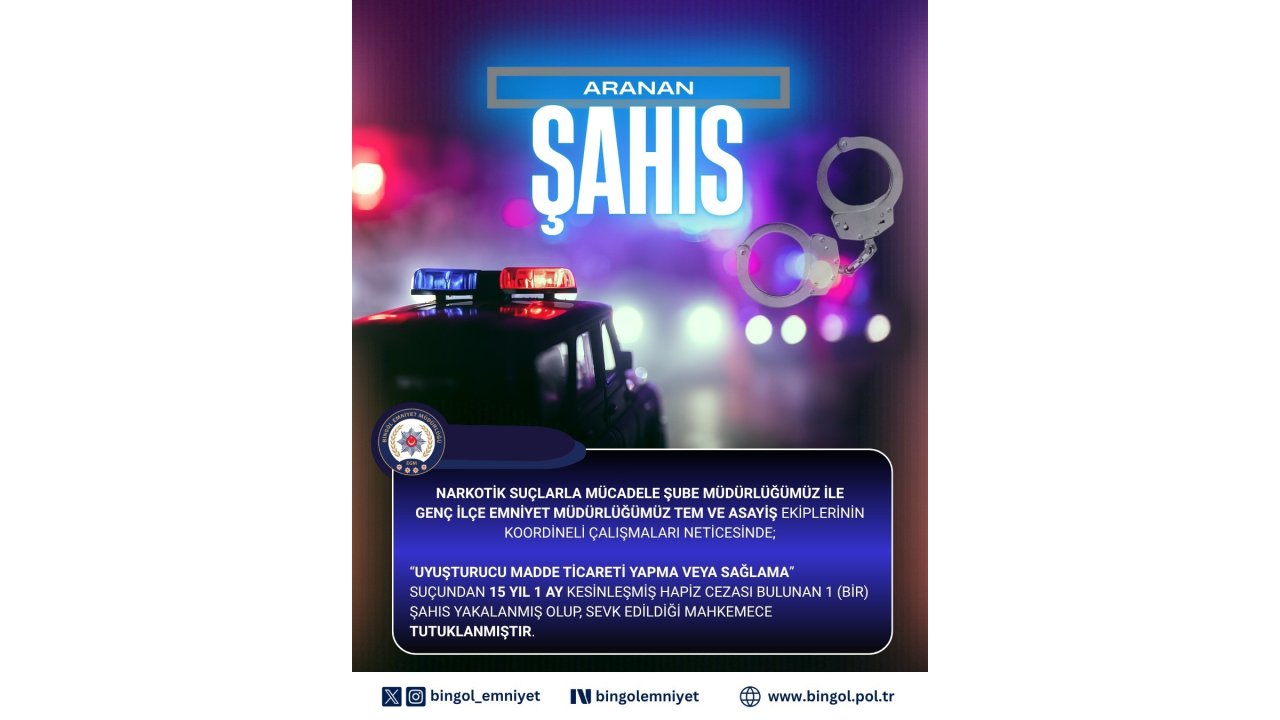 Bingöl’de Hakkında 15 Yıl Kesinleşmiş Hapis Cezası Bulunan Zanlı Tutuklandı