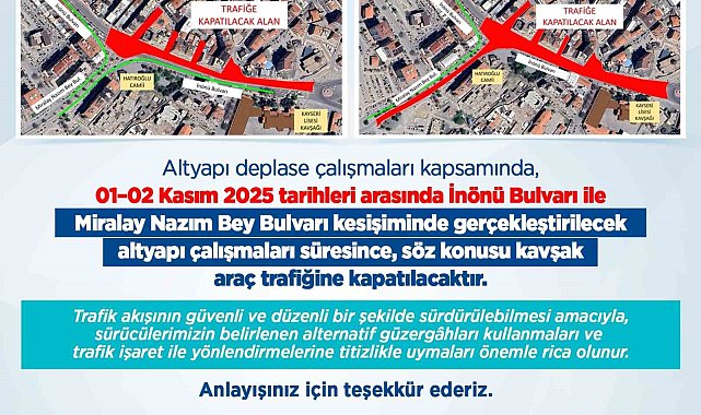 Kayseri Büyükşehir'den sürücülere 'İnönü-Miralay Nazım Kavşağı' uyarısı