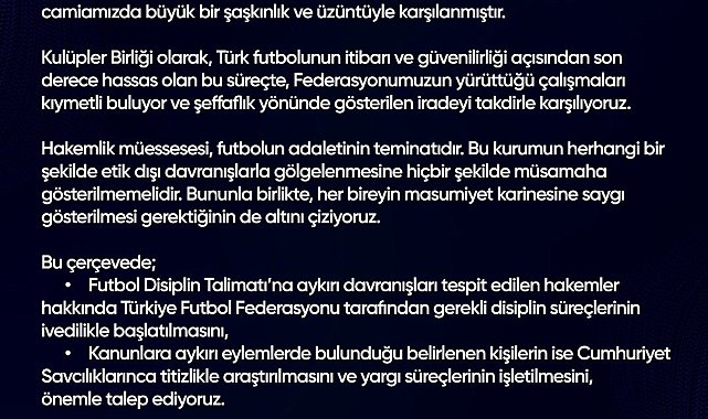 Kulüpler Birliği'nden TFF'ye destek