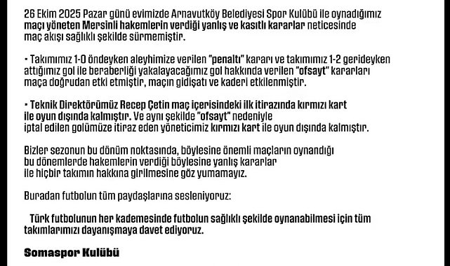 Somaspor'dan maçın hakemlerine tepki