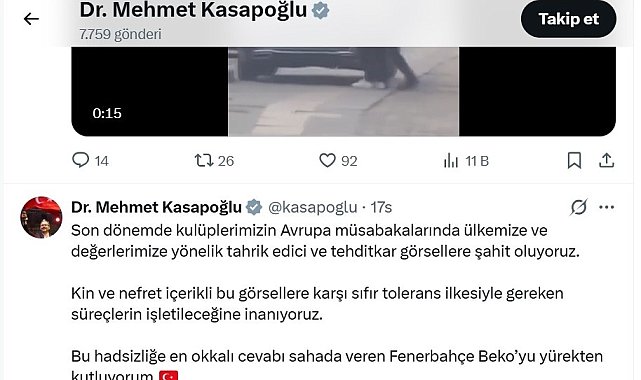 Sırp taraftarların ırkçı pankartına Kasapoğlu'ndan sert tepki