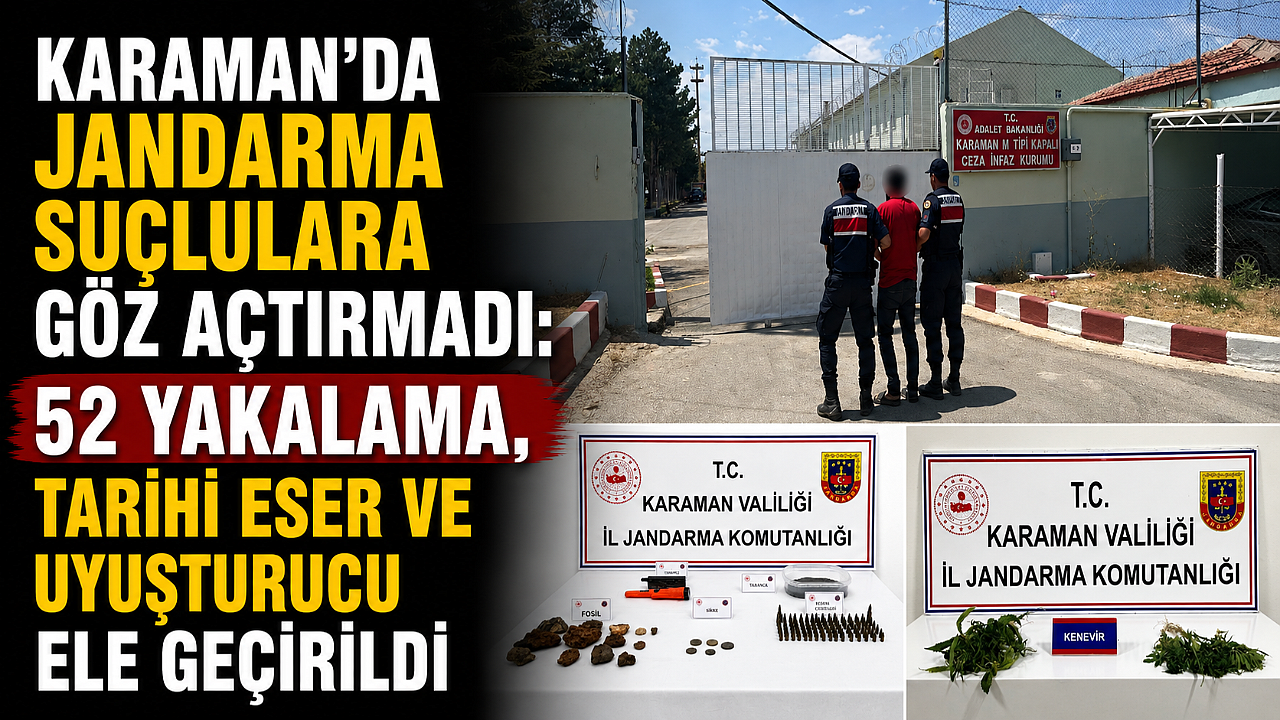 Karaman’da Jandarma Suçlulara Göz Açtırmadı: 52 Yakalama, Tarihi Eser ve Uyuşturucu Ele Geçirildi