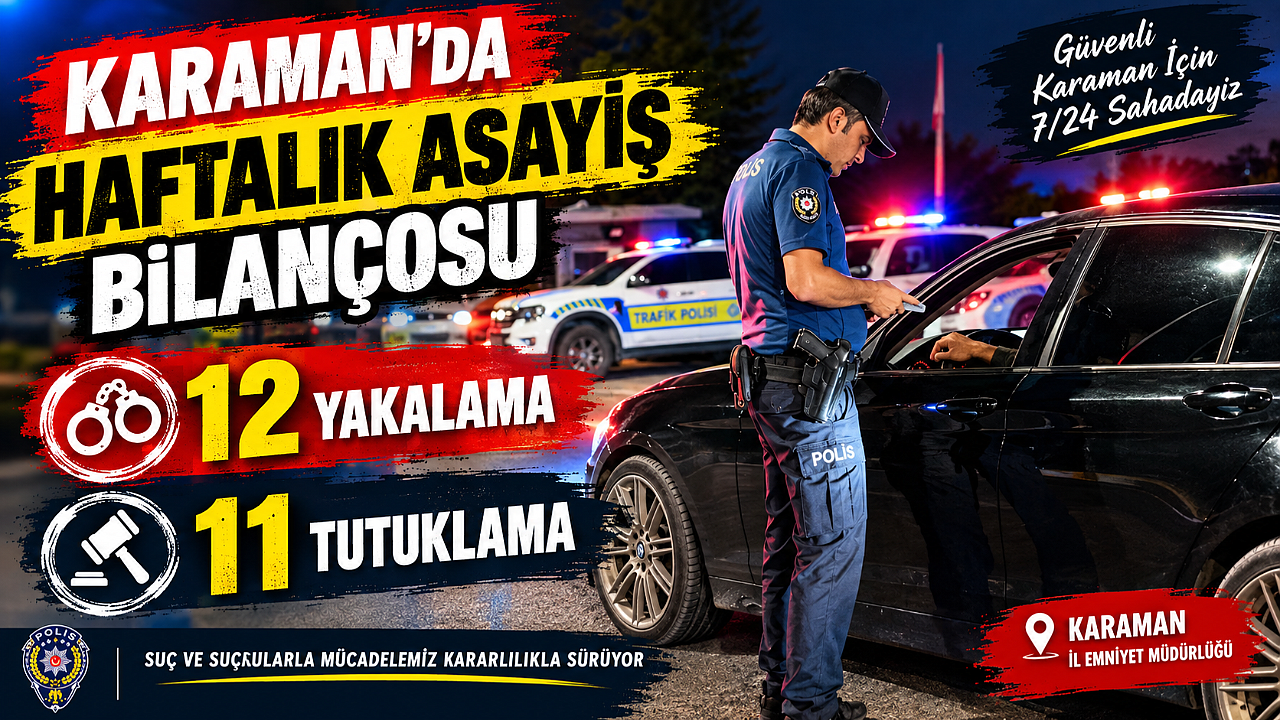 Karaman’da haftalık asayiş bilançosu: 12 yakalama, 11 tutuklama