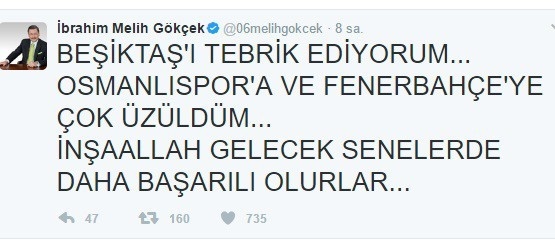 Başkan Gökçek, Beşiktaş’ı kutladı