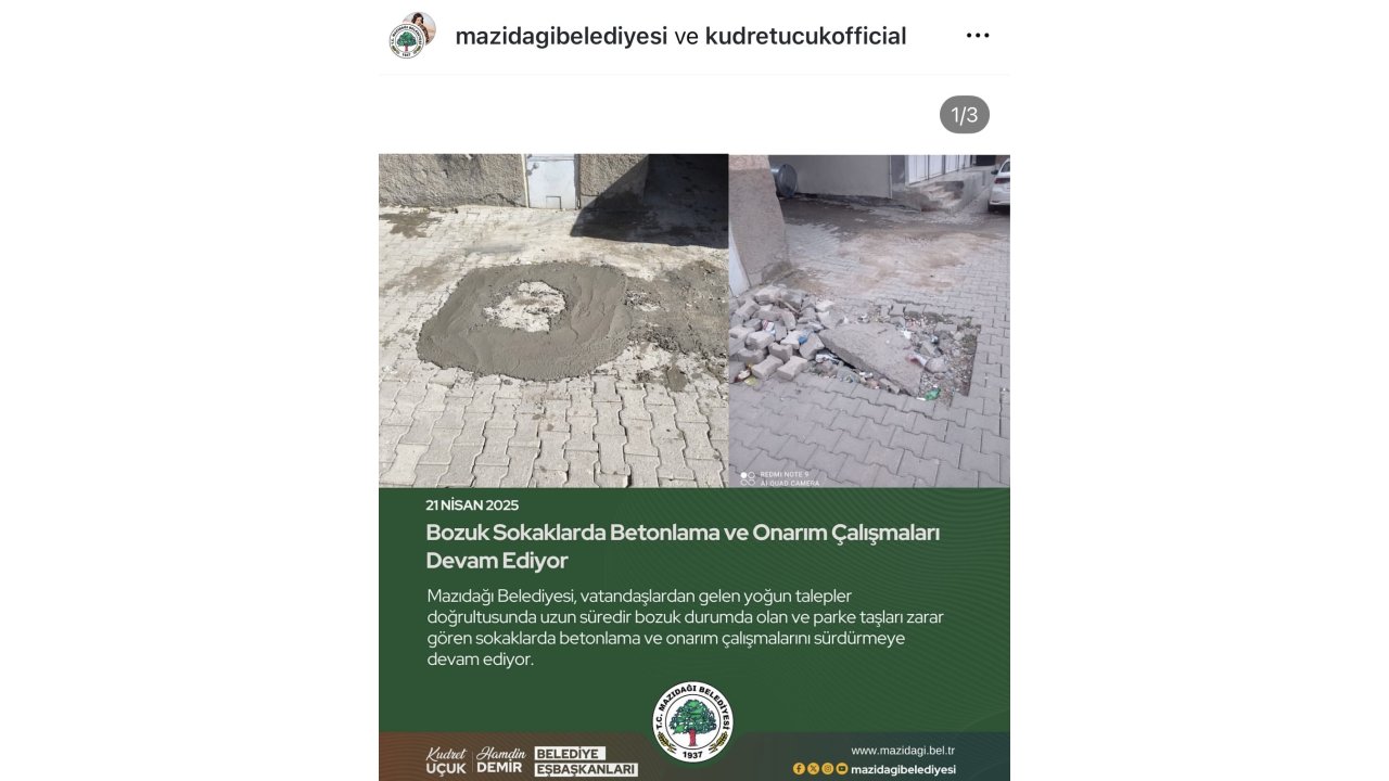 Mazıdağı Belediyesi, Bir Metrekarelik Alanı Onarıp Dev Hizmet Sunmuş Gibi Sosyal Medyada Paylaştı