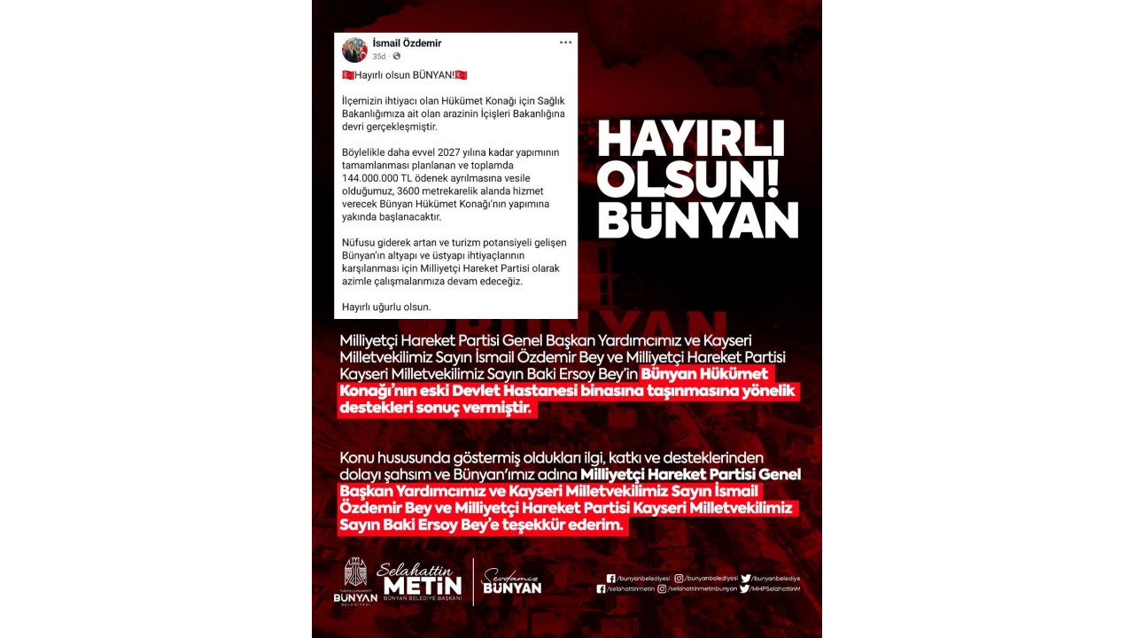 Mhp’li Özdemir’den Bünyan’a Hükümet Konağı Müjdesi