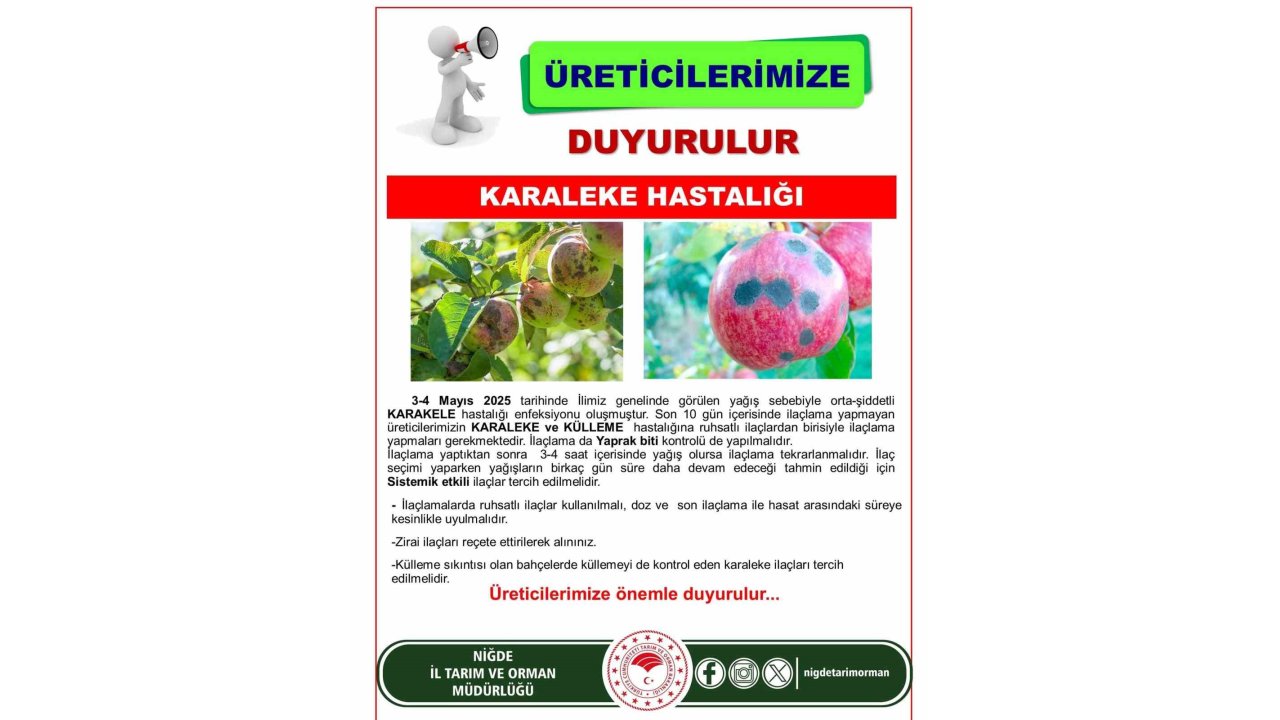 Niğde Tarım İl Müdürlüğü’nden Karaleke Uyarısı: Üreticiler İlaçlama Yapmalı