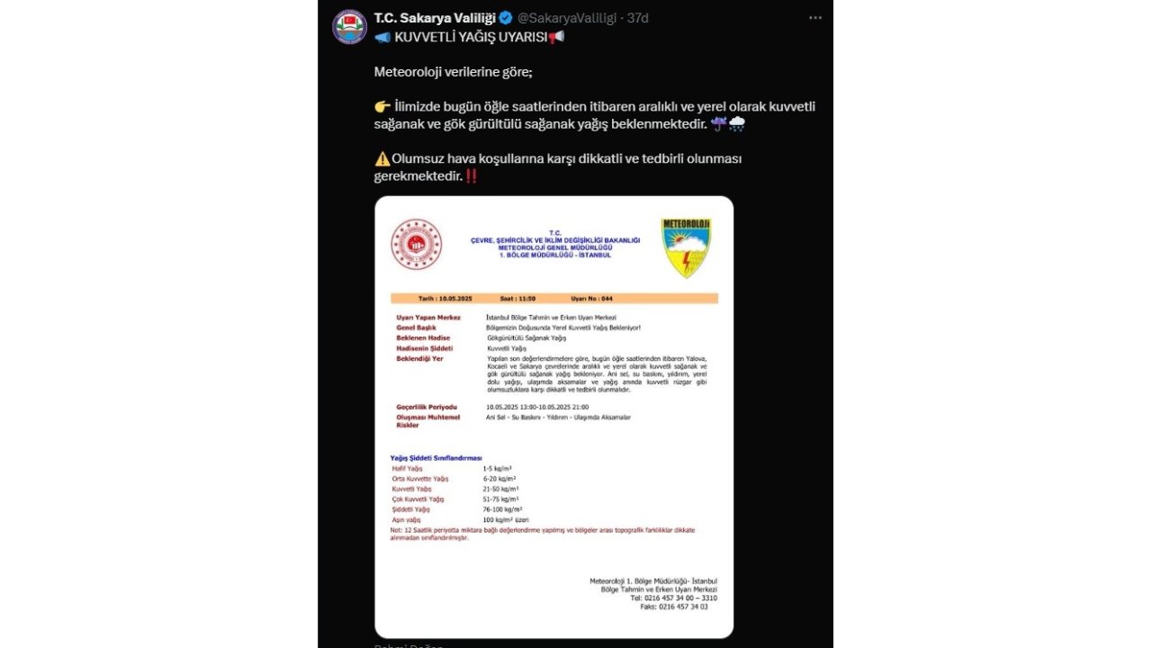 Sakarya’da Kuvvetli Yağış Uyarısı