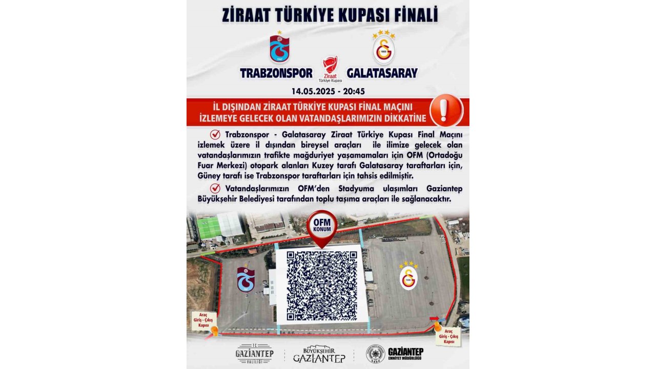 Türkiye Kupası Finaline Araçlarıyla Gelecek Taraftarlar İçin Gaziantep’teki Otopark Alanları Belirlendi