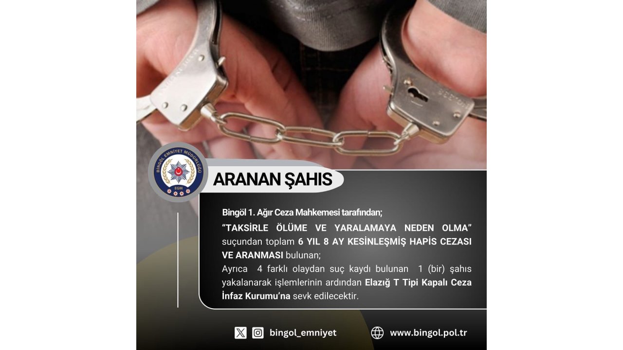 Bingöl’de 6 Yıl 8 Ay Kesinleşmiş Hapis Cezası Bulunan Şahıs Yakalandı