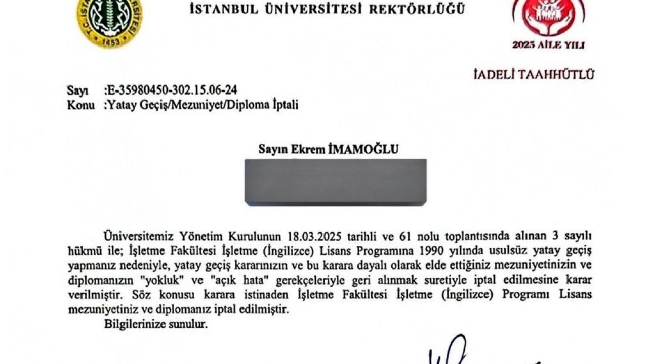 İmamoğlu’nun Diplomasının İptali İstanbul Üniversitesi Tarafından Tebliğ Edildi