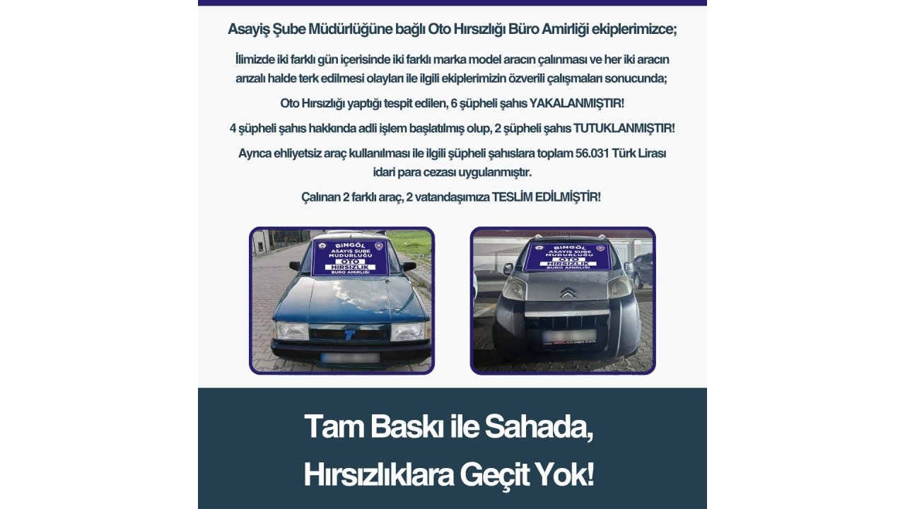 Bingöl’de Oto Hırsızlığı Yapan 6 Şüpheli Yakalandı