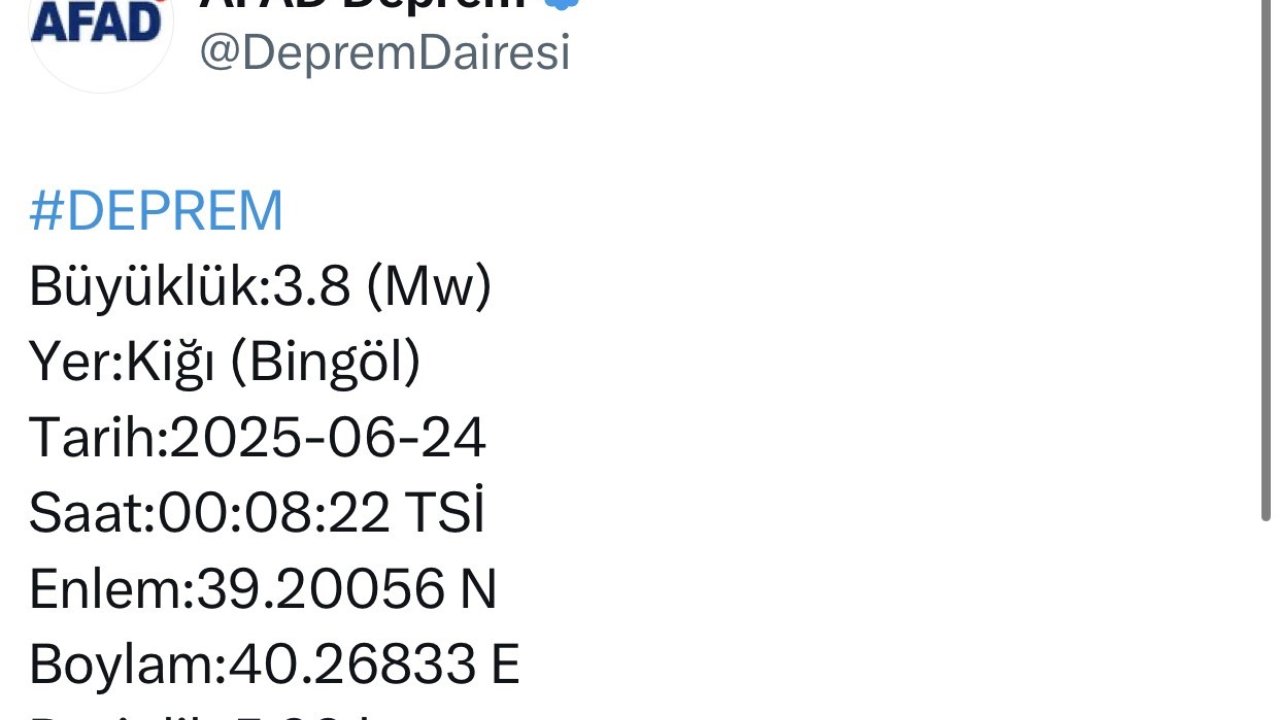Bingöl’de 3.8 Büyüklüğünde Deprem