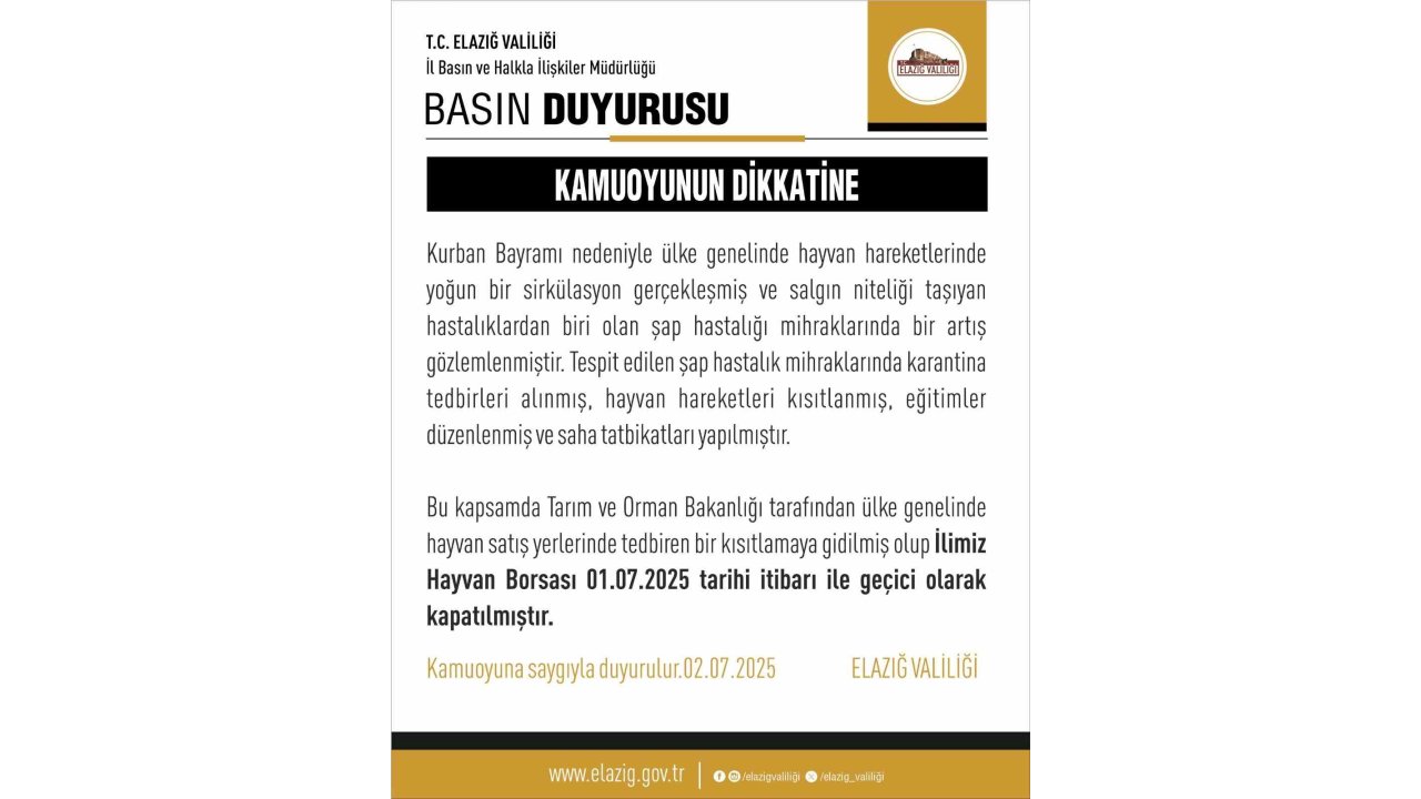 Elazığ Hayvan Borsası, Şap Tedbirleri Kapsamında Geçici Olarak Kapatıldı