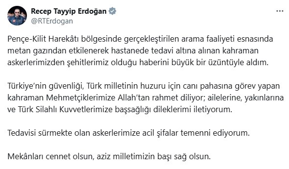 Cumhurbaşkanı Erdoğan’dan Pençe-kilit Bölgesindeki Şehitler İçin Taziye Mesajı
